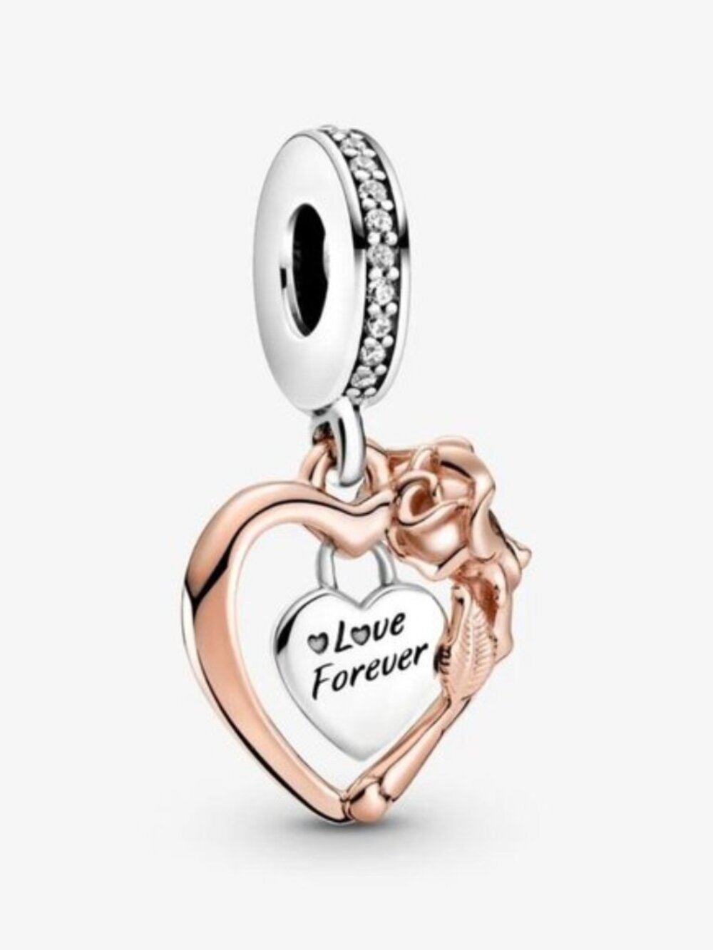 Pandora silver heart & rose flower dangle charm love forever